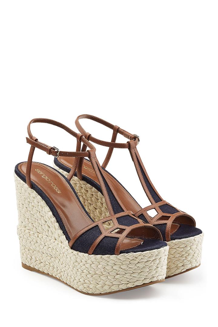Sergio Rossi Sergio Rossi Leather And Denim Wedge Sandals
