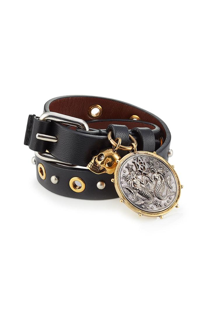 Alexander Mcqueen Alexander Mcqueen Double Wrap Medallion Embellished Leather Bracelet