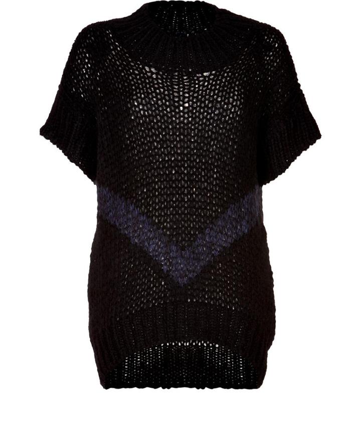 Faith Connexion Chunky Knit Short Sleeve Pullover In Black With Navy