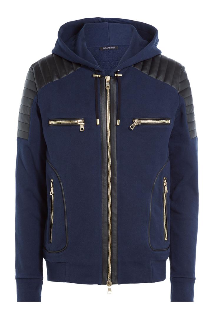 Balmain Balmain Zipped Cotton Hoodie With Leather - Blue