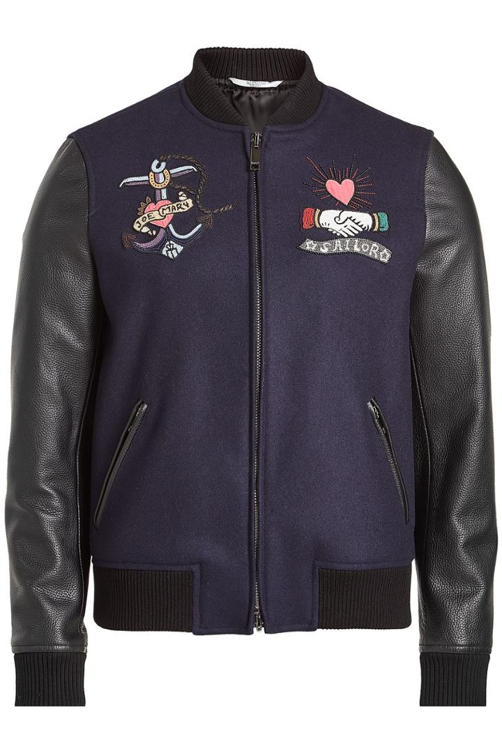 Valentino Valentino Embroidered Wool Bomber Jacket With Leather Sleeves