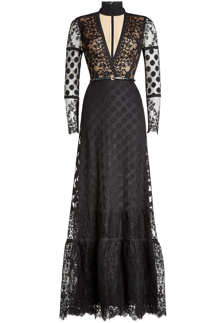 Elie Saab Elie Saab Floor Length Lace Dress With Belt - Black