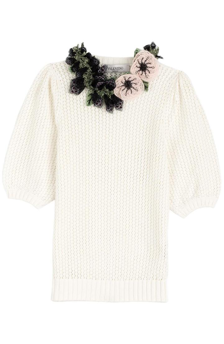 Valentino Cotton Knit Pullover With Decorative Floral Neckline