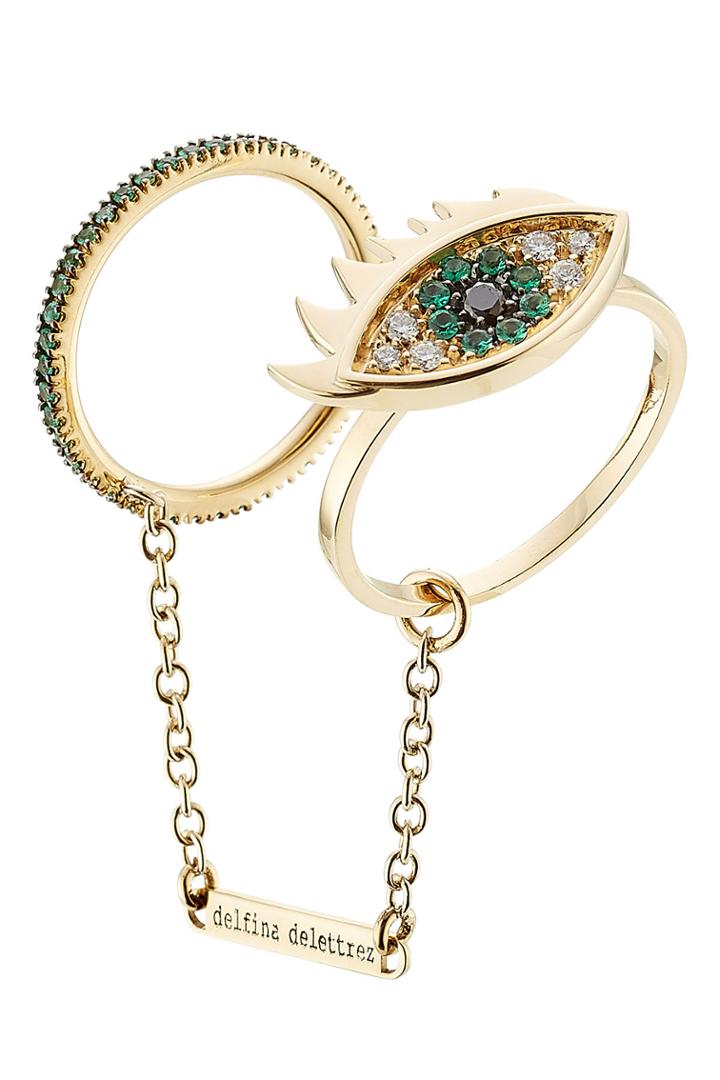 Delfina Delettrez Delfina Delettrez 18kt Gold Double Ring With White Diamonds And Emeralds