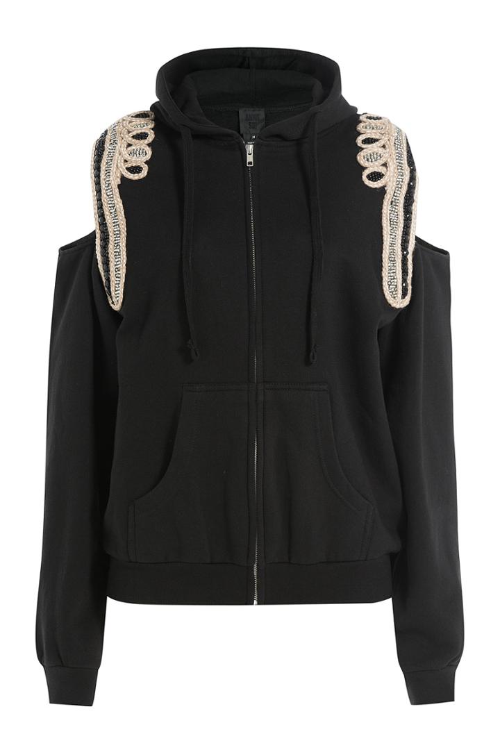 Anna Sui Anna Sui Embellished Cotton Jacket With Cut-out Shoulders And Hood - Black