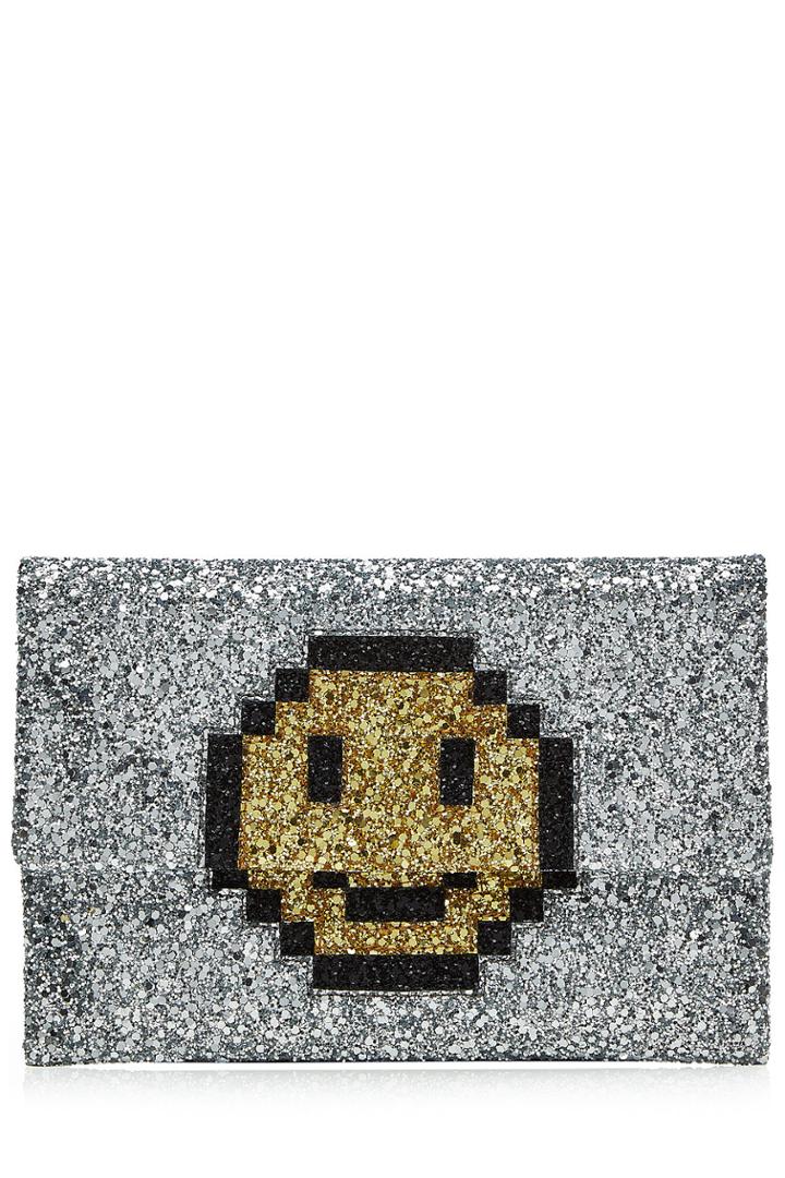 Anya Hindmarch Anya Hindmarch Valorie Pixel Smiley Leather Clutch With Glitter - Silver