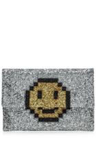 Anya Hindmarch Anya Hindmarch Valorie Pixel Smiley Leather Clutch With Glitter - Silver