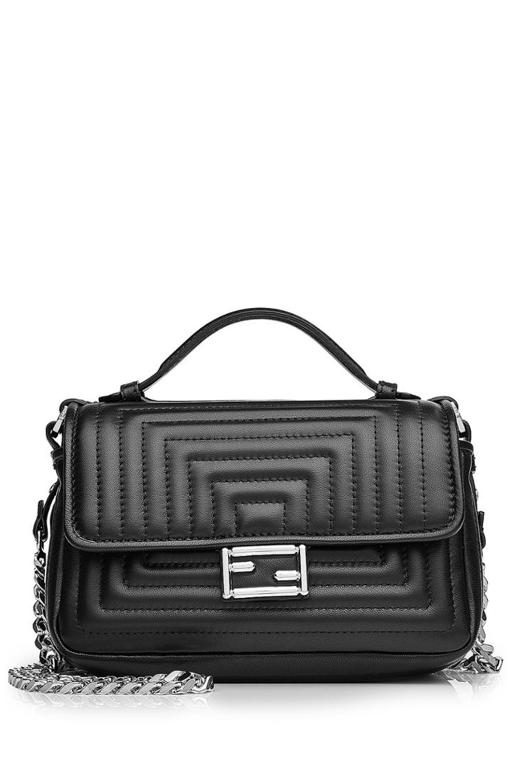 Fendi Fendi Leather Double Flap Baguette Shoulder Bag - Black