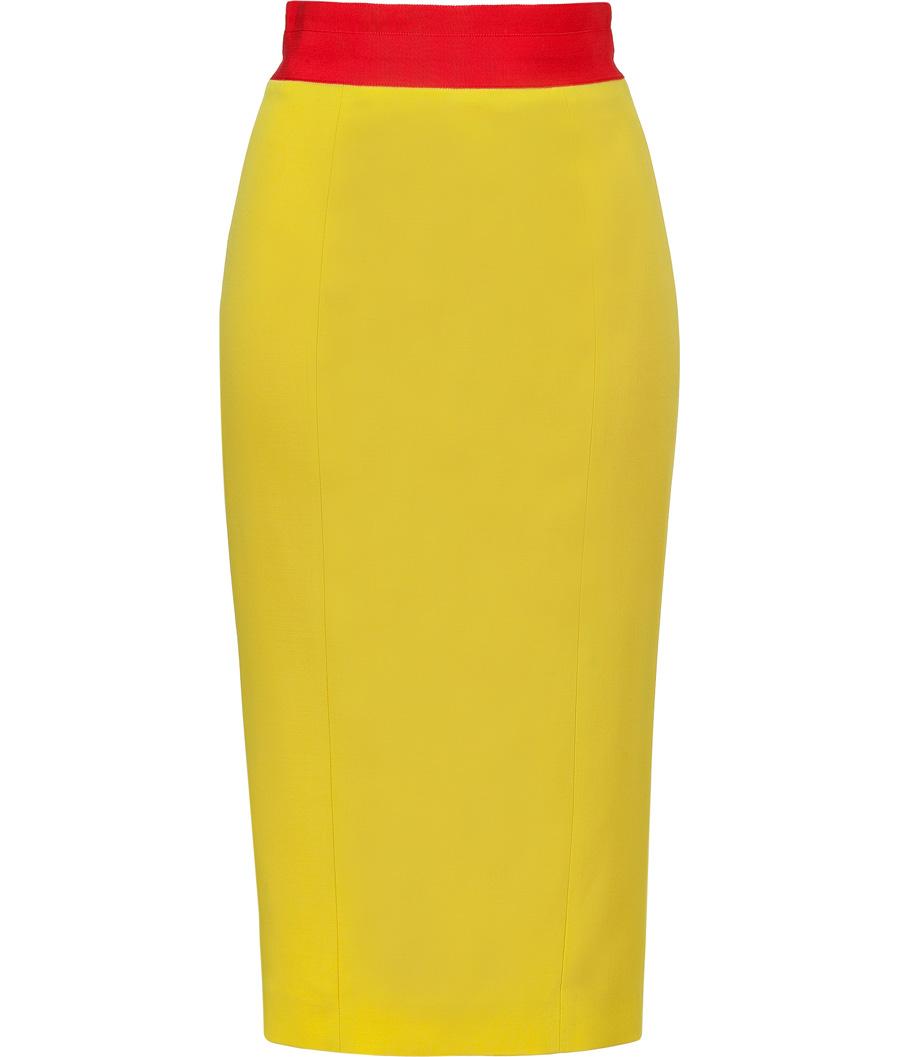 Lwren Scott Yellow Wool-blend Pencil Skirt With Red-orange Waist ...