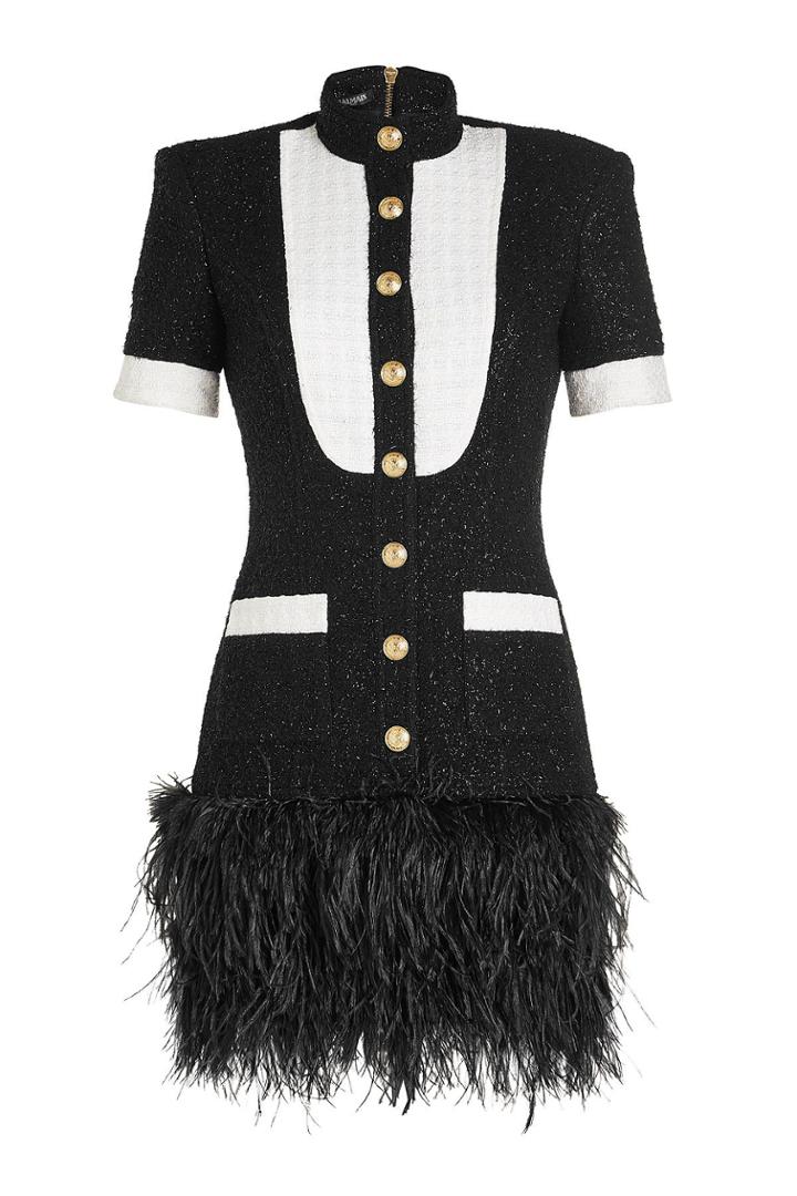 Balmain Balmain Metallic Tweed Dress With Ostrich Feathers