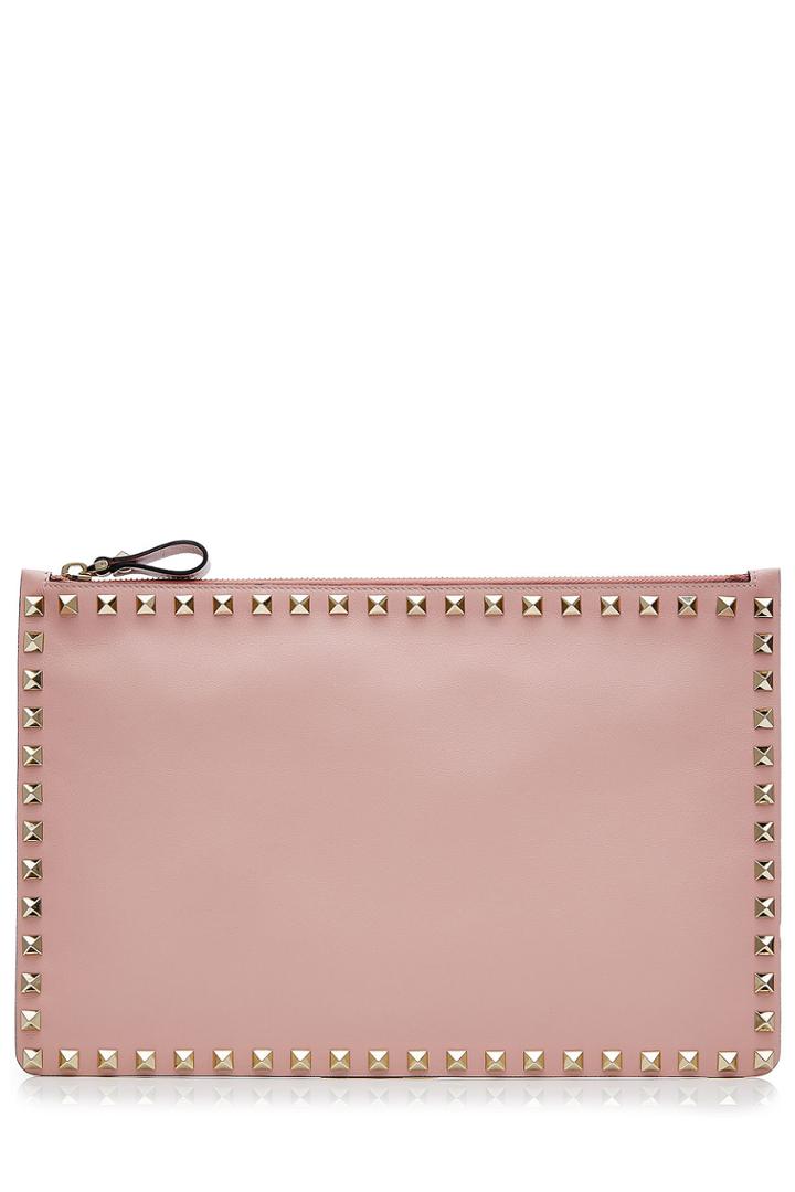 Valentino Valentino Rockstud Large Leather Clutch - Beige