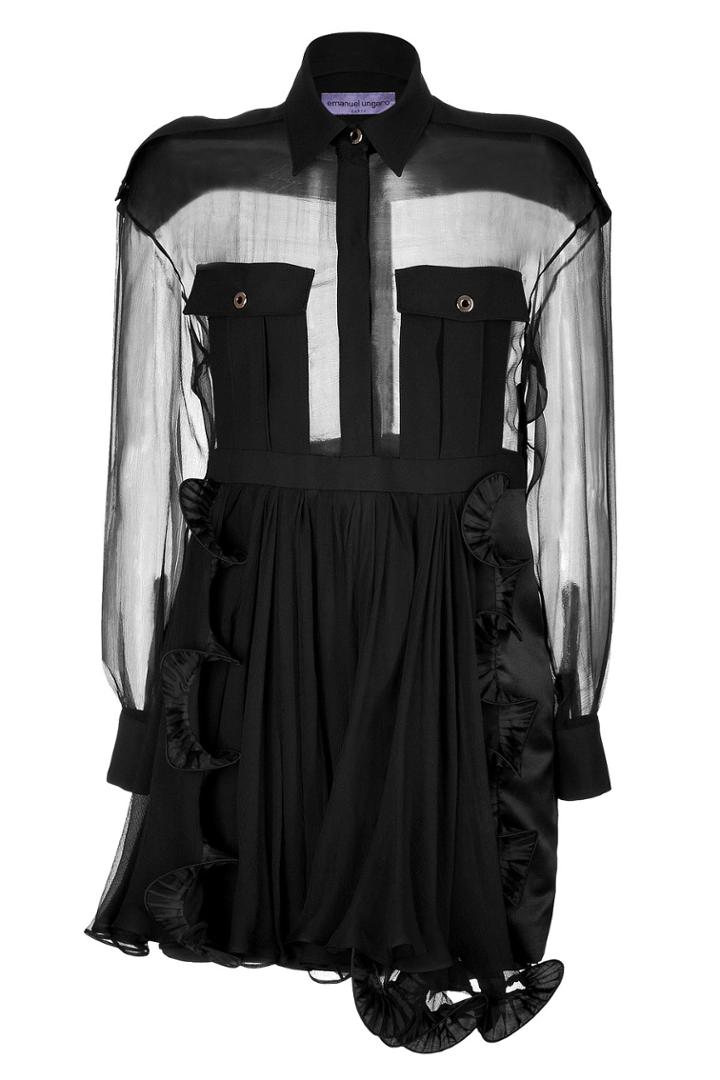 Emanuel Ungaro Emanuel Ungaro Silk Sheer Panel Shirtdress With Ruffle Detail