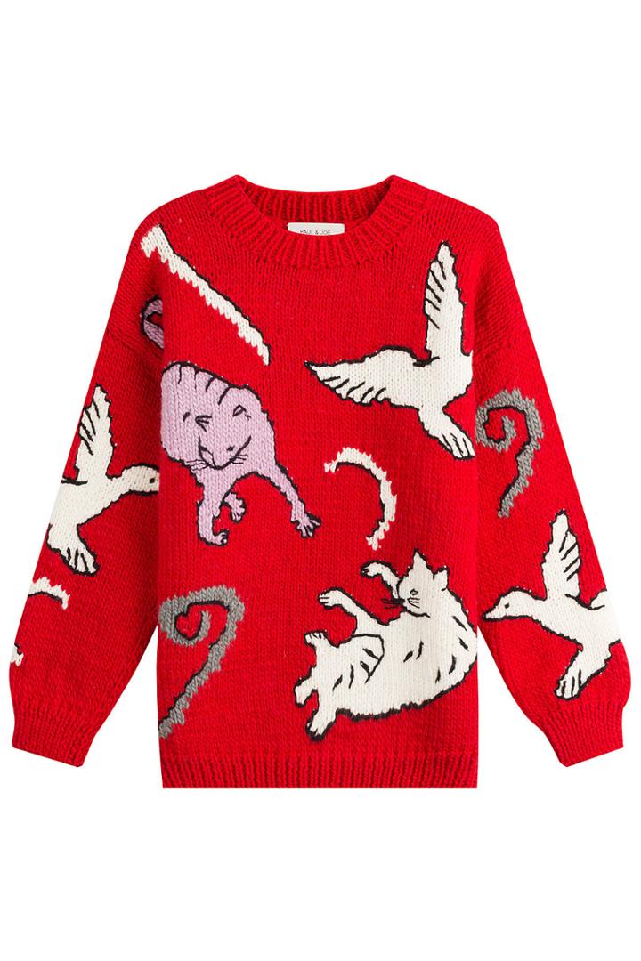 Paul & Joe Paul & Joe Cat Printed Wool Pullover - Red