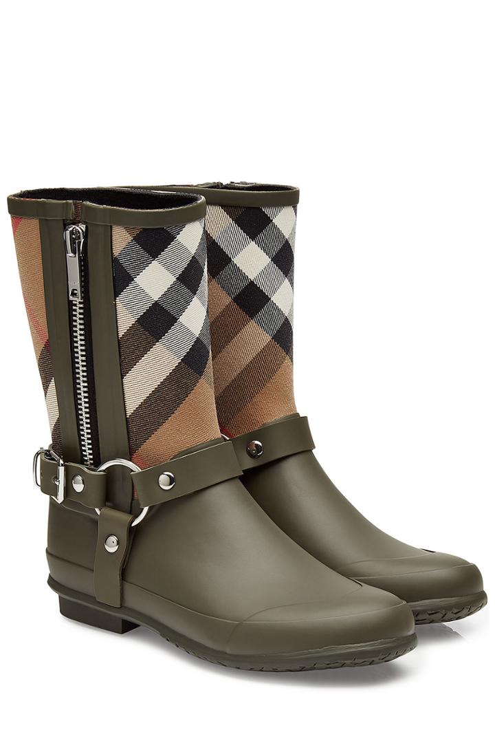 Burberry Shoes & Accessories Burberry Shoes & Accessories Rubber Rain Boots With Checked Fabric - Green