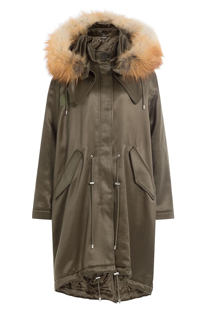 Alexander Mcqueen Alexander Mcqueen Wool Blend Satin Parka With Fox Fur - Green