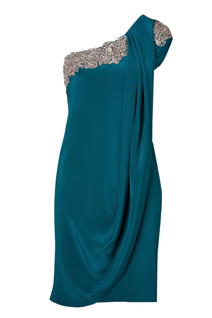 Marchesa Marchesa Crystal Embroidered Silk Crepe One Shoulder Dress In Teal - Blue