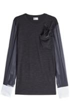 Brunello Cucinelli Brunello Cucinelli Wool Top With Silk Chiffon Sleeves, Embellished Breast Pocket And Feathers