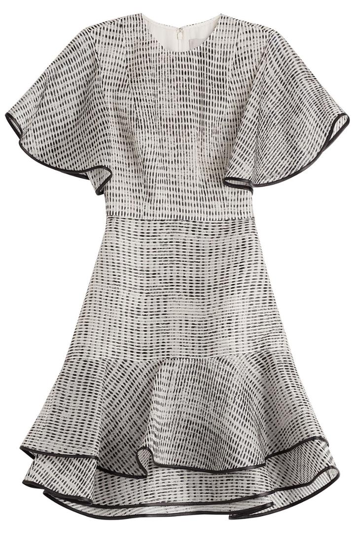 Jason Wu Jason Wu Woodgrain Raffia Organza Short Sleeve Bias Ruffle Dress - Multicolored