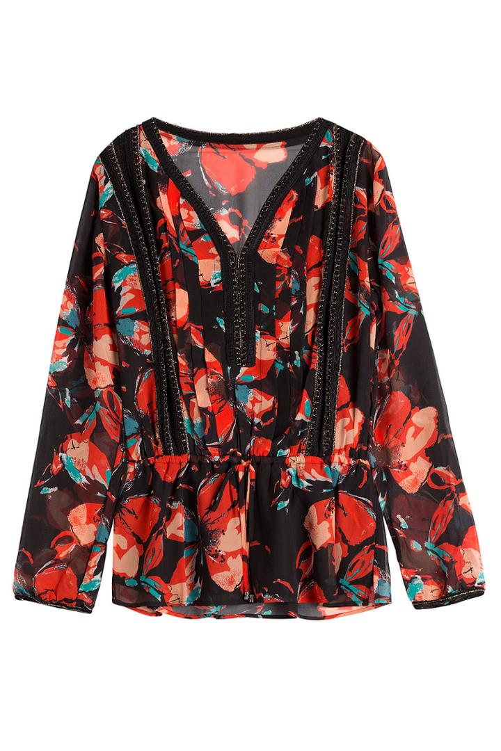 Ella Moss Ella Moss Printed Silk Blouse With Crochet Lace Trim