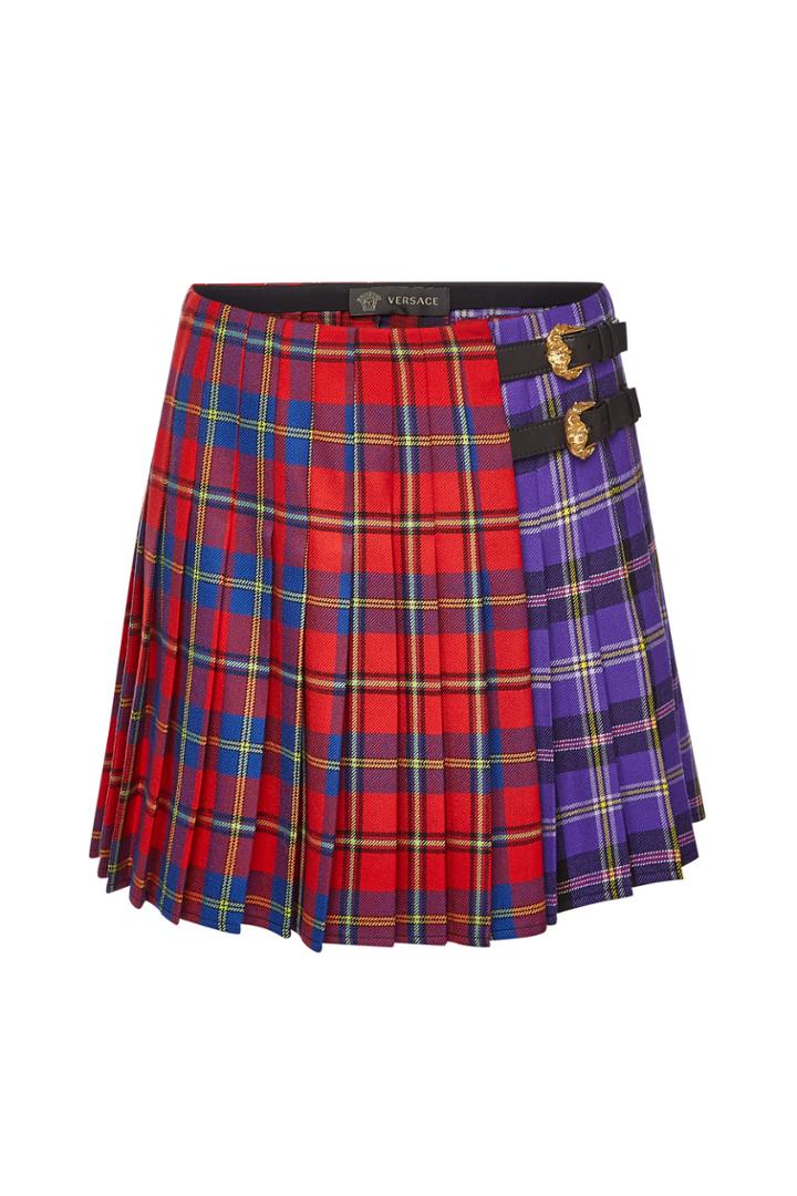 Versace Versace Plaid Wool Skirt With Leather Buckles