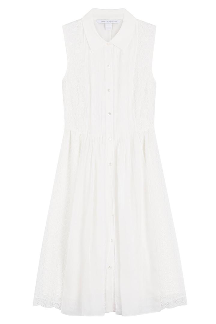 Diane Von Furstenberg Diane Von Furstenberg Sleeveless Shirtdress With Lace Eyelet Paneling - White