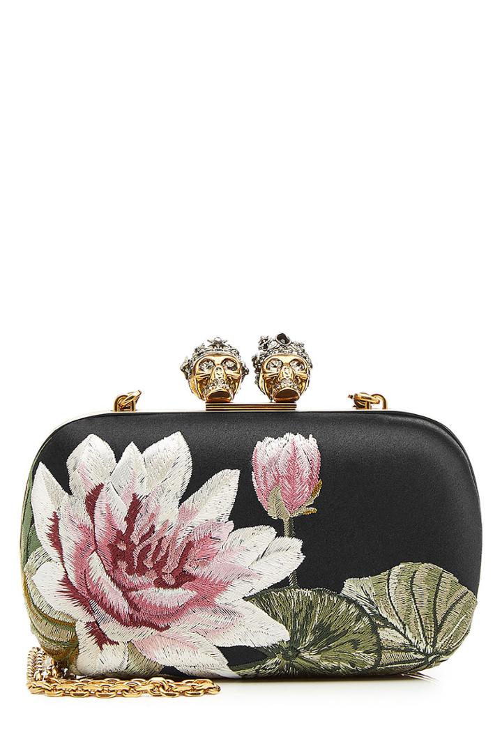 Alexander Mcqueen Alexander Mcqueen Embroidered Silk Box Clutch With Embellished Skulls