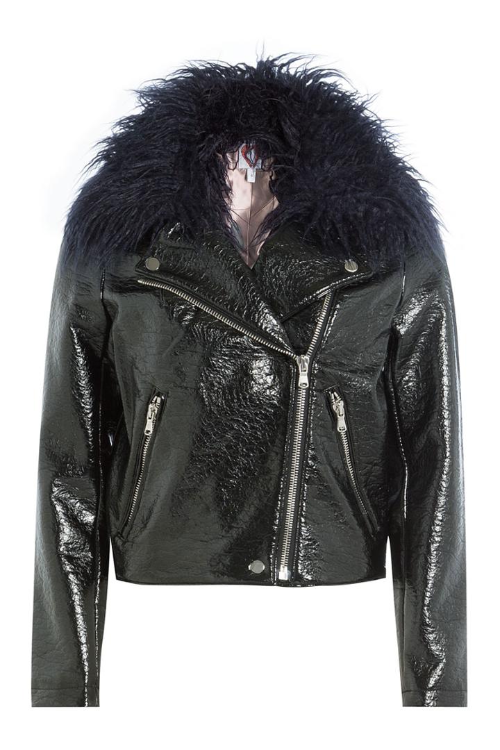 Shrimps Shrimps Patent Jacket With Faux Fur Collar - Black