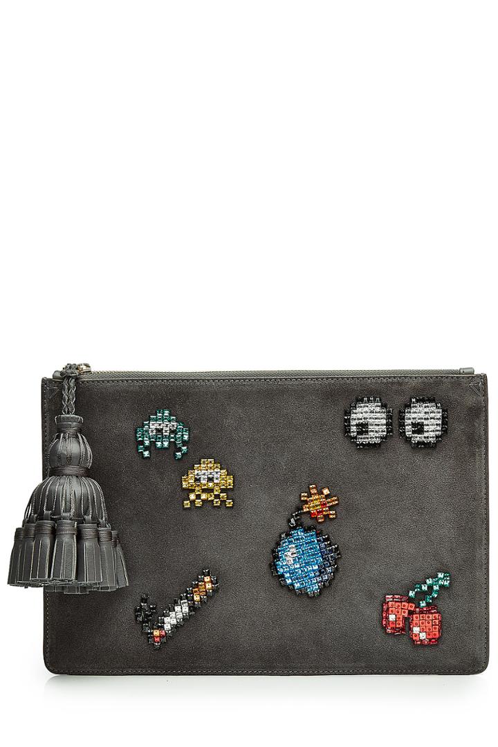 Anya Hindmarch Anya Hindmarch Embellished Suede Georgiana Space Invaders Clutch - Grey