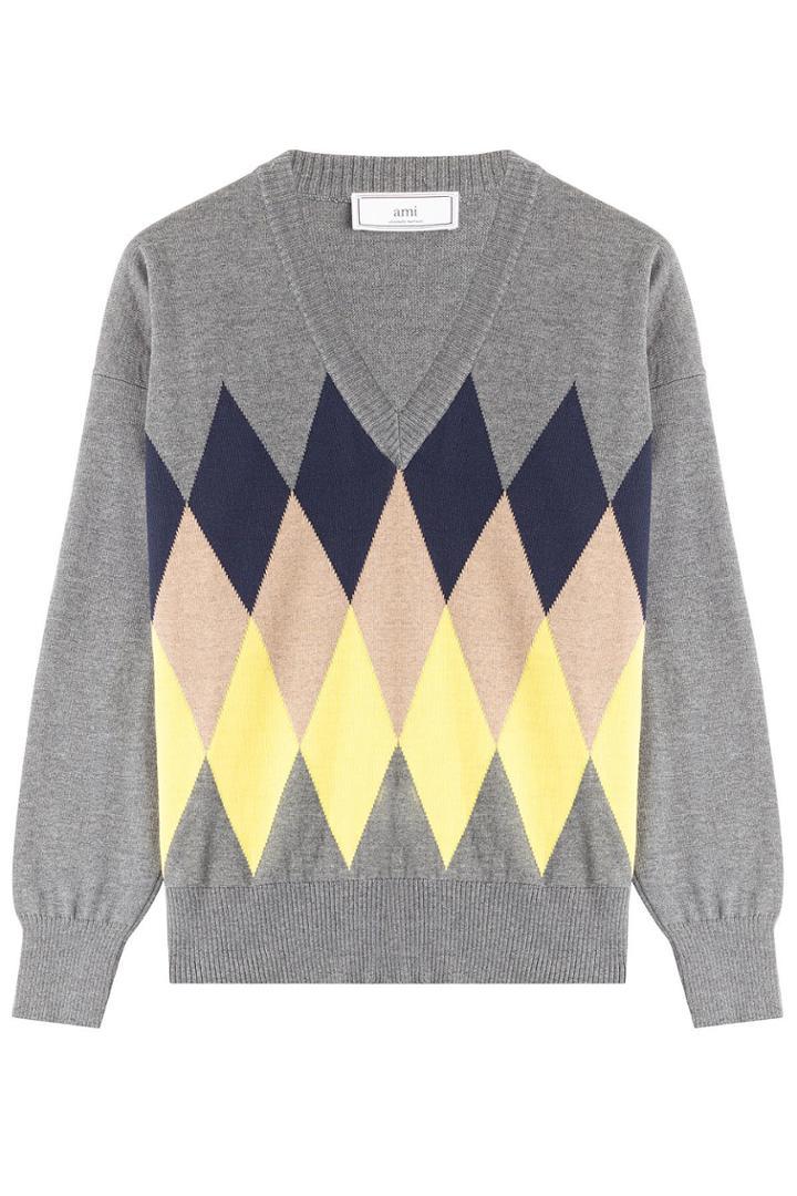 Ami Ami Wool Diamond Knit Pullover - Grey