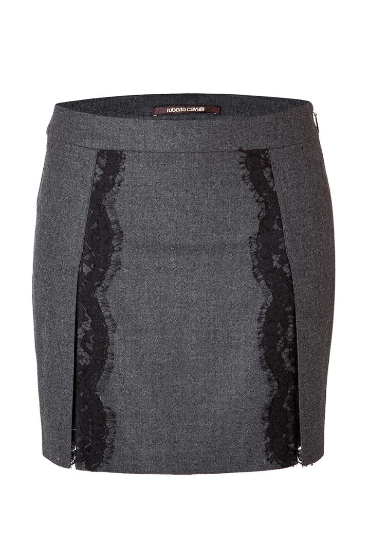 Roberto Cavalli Roberto Cavalli Stretch Wool Mini-skirt With Lace In Dark Heather Grey