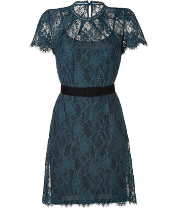 Collette Dinnigan Teal Floral Lace Short Sleeve Dress