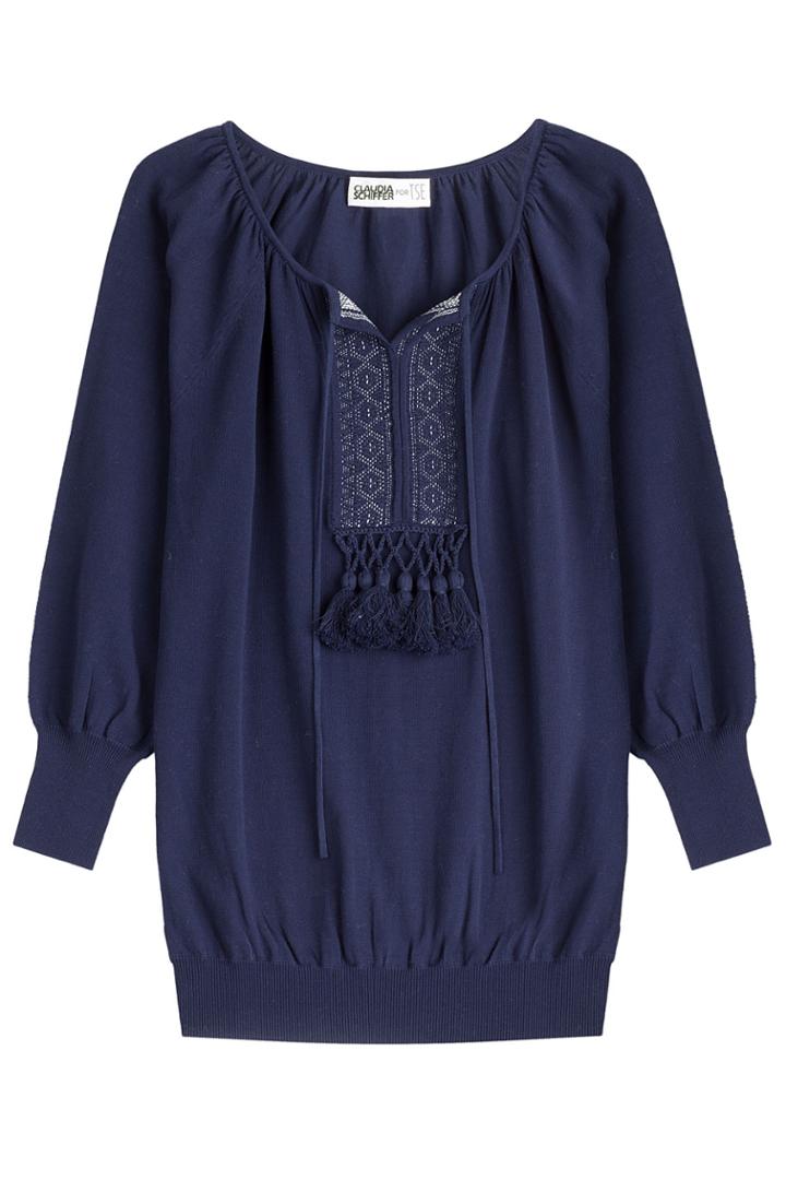 Claudia Schiffer For Tse Claudia Schiffer For Tse Knit Cotton Top With Tassels - Blue