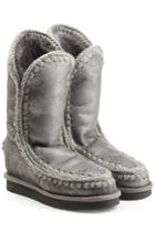 Mou Mou Metallic Eskimo Wedge Tall Sheepskin Boots - Grey