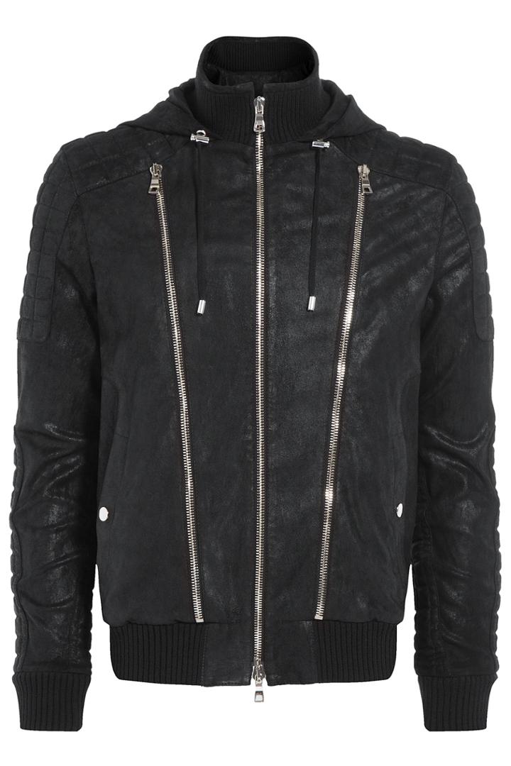 Balmain Balmain Leather Hooded Biker Jacket - Black