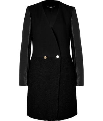 Dkny Wool Boucle Coat With Leather Sleeves In Black