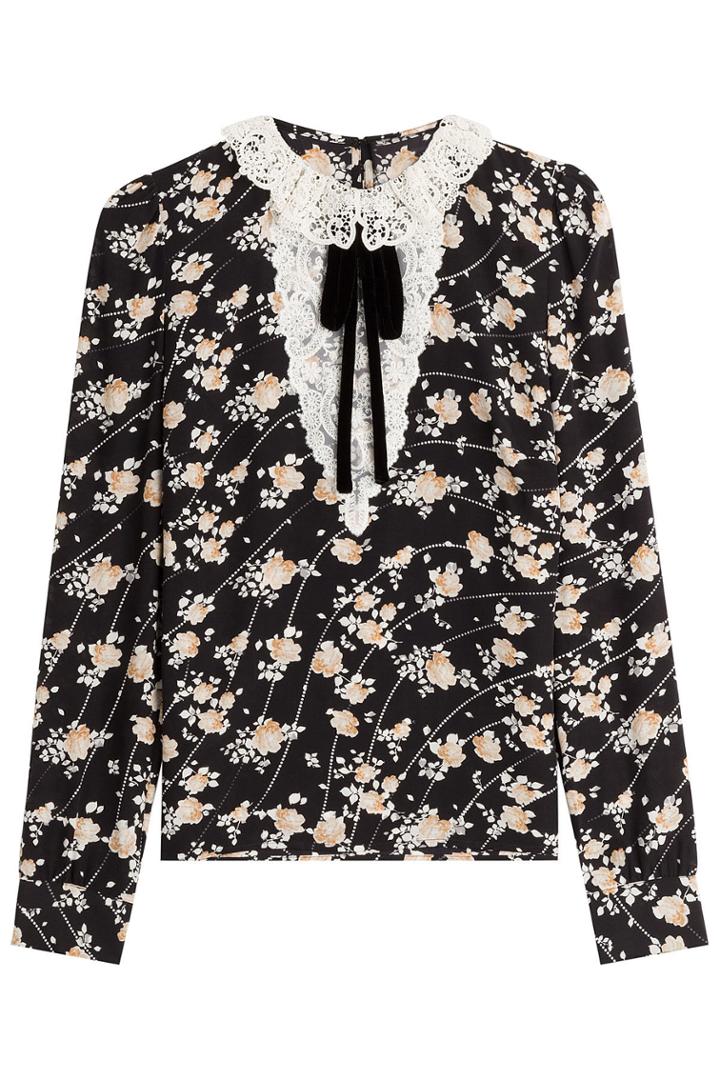 The Kooples The Kooples Printed Silk Blouse With Lace
