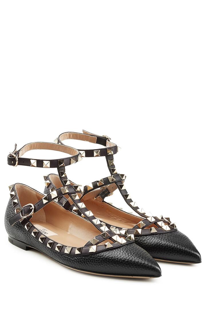 Valentino Valentino Rockstud Textured Leather Ballerinas - Black