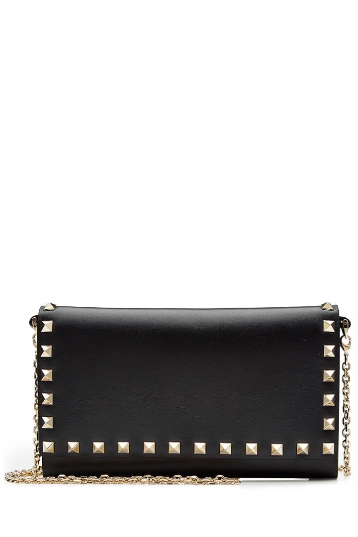 Valentino Valentino Rockstud Leather Wallet On Chain - Black