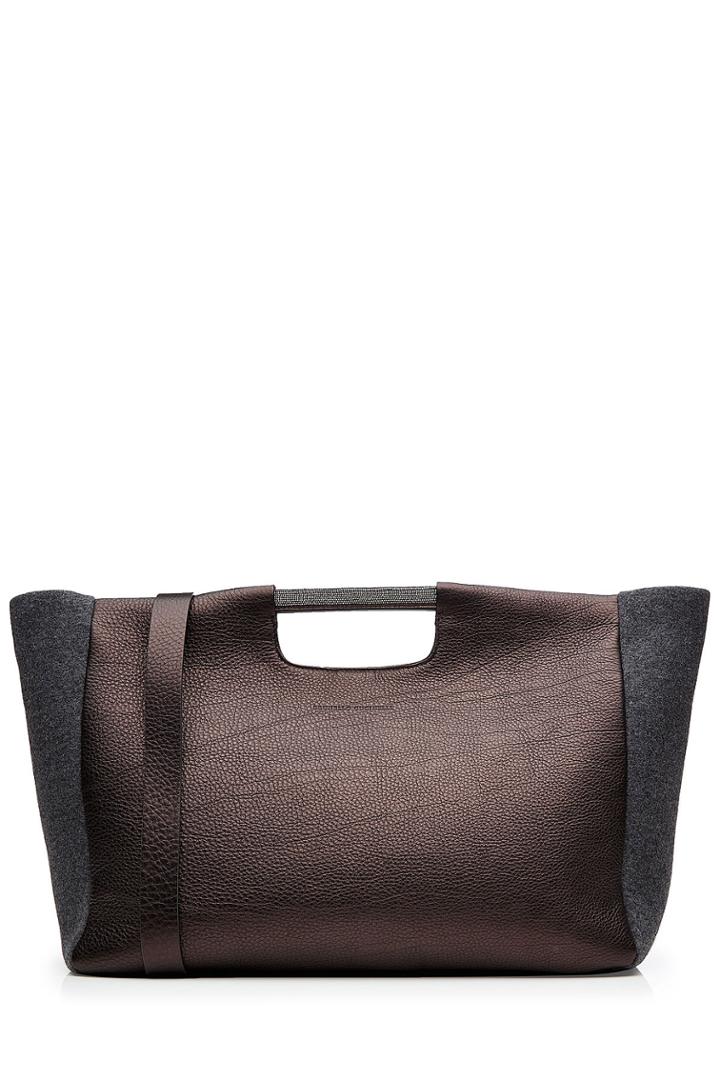 Brunello Cucinelli Brunello Cucinelli Textured Leather Tote With Bead Embellishment - Brown