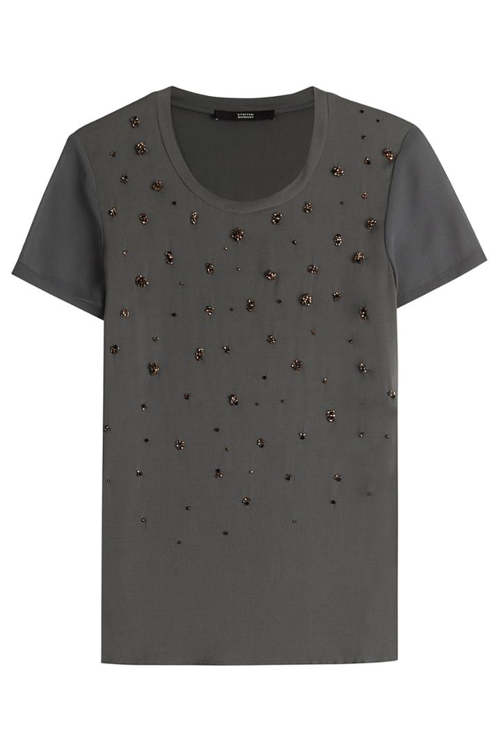 Steffen Schraut Steffen Schraut Hacienda Beaded Glam Embellished Silk Top - Grey