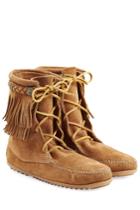 Minnetonka Minnetonka Double Fringe Tramper Suede Boots With Studs - Brown