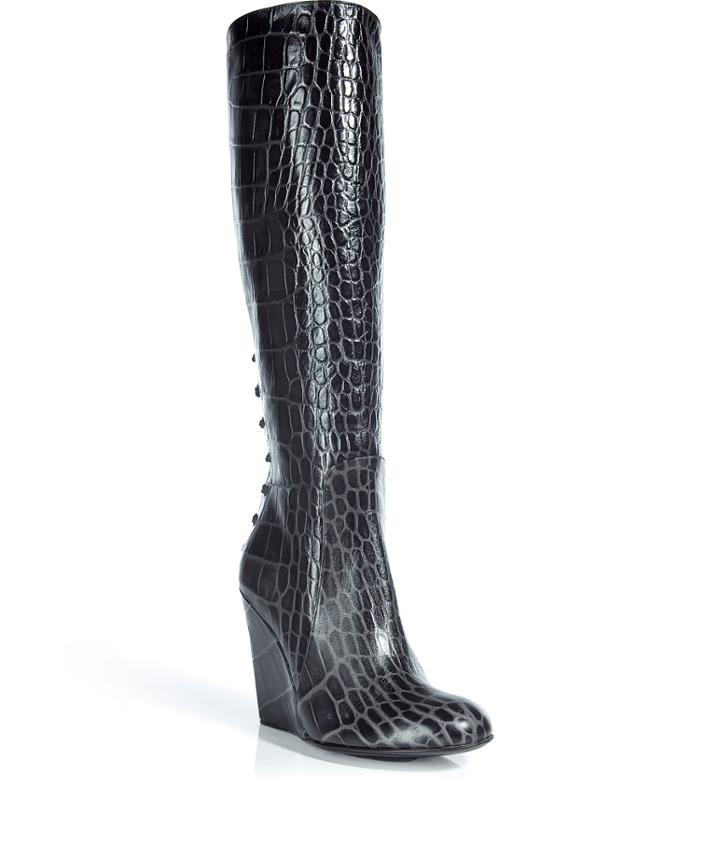 Black croc embossed wedge boots