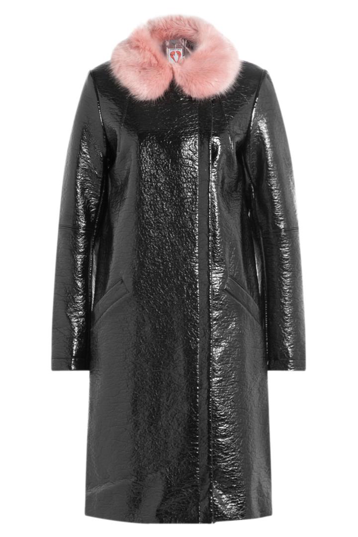Shrimps Shrimps Hokus Patent Coat With Faux Fur Collar - Black