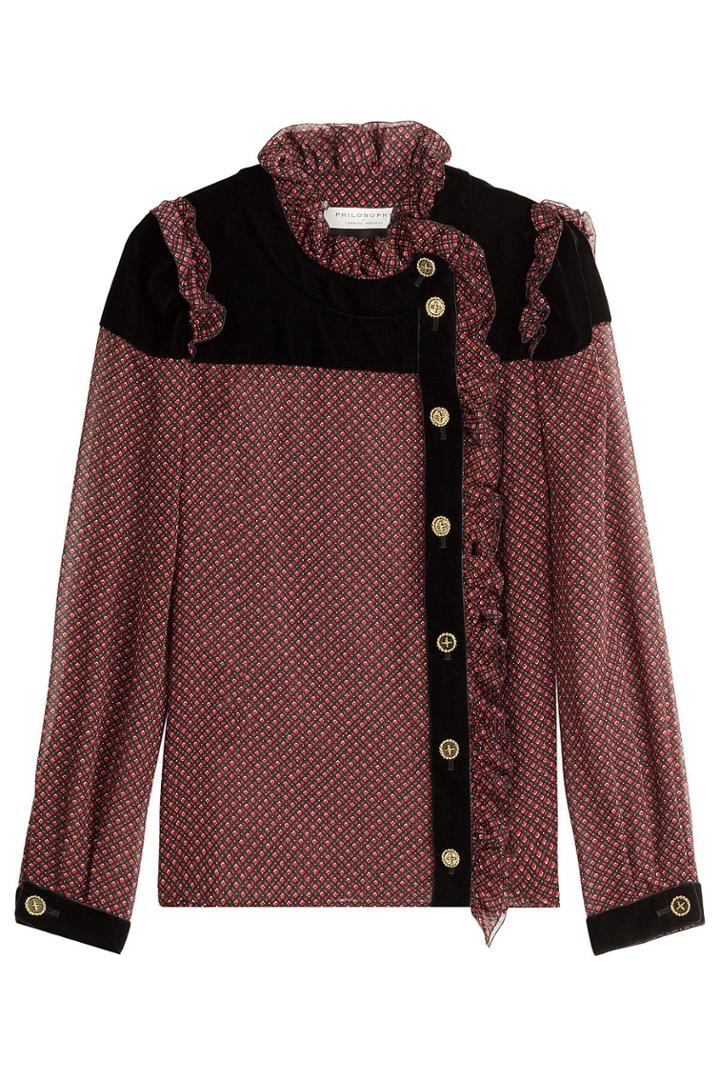 Philosophy Di Lorenzo Serafini Philosophy Di Lorenzo Serafini Printed Silk Chiffon Blouse With Velvet