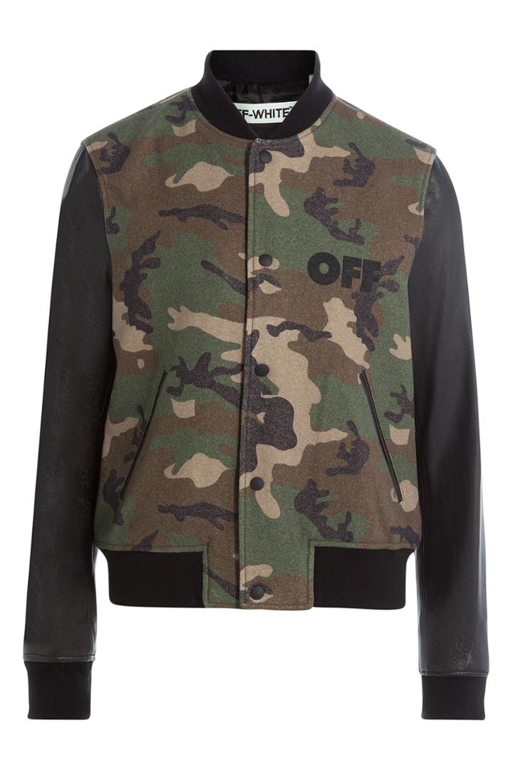 Off-white Off-white Camouflage Printed Wool Jacket With Leather Sleeves - Green