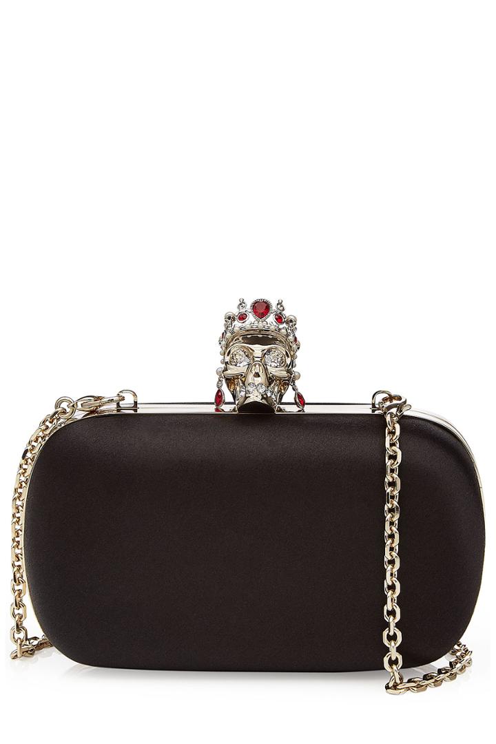 Alexander Mcqueen Alexander Mcqueen Satin Box Clutch With Embellished Skull - Black