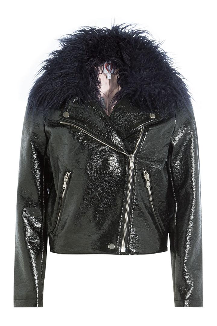Shrimps Shrimps Patent Jacket With Faux Fur Collar