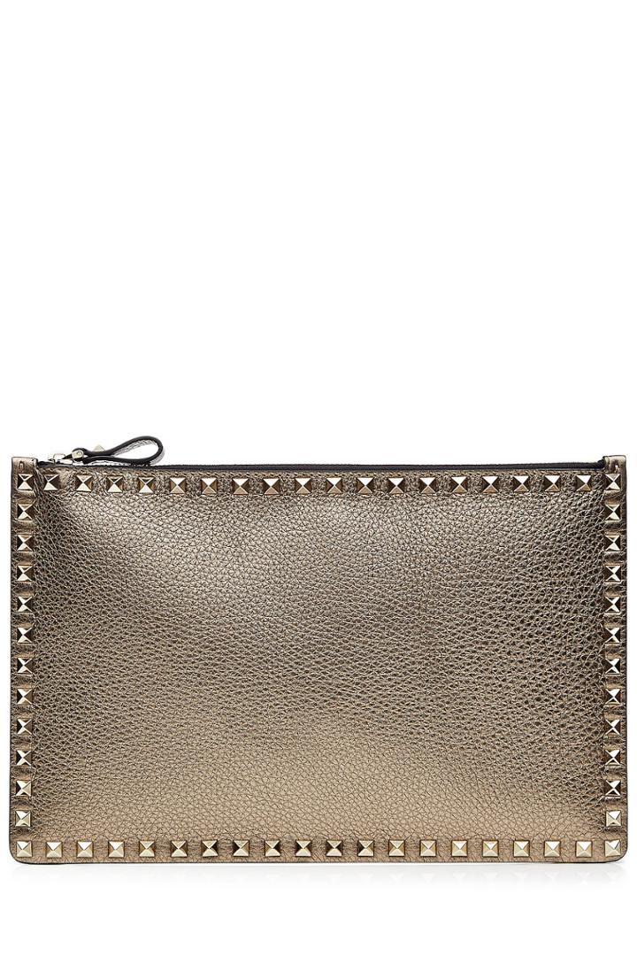 Valentino Valentino Leather Rockstud Large Flat Clutch - Gold