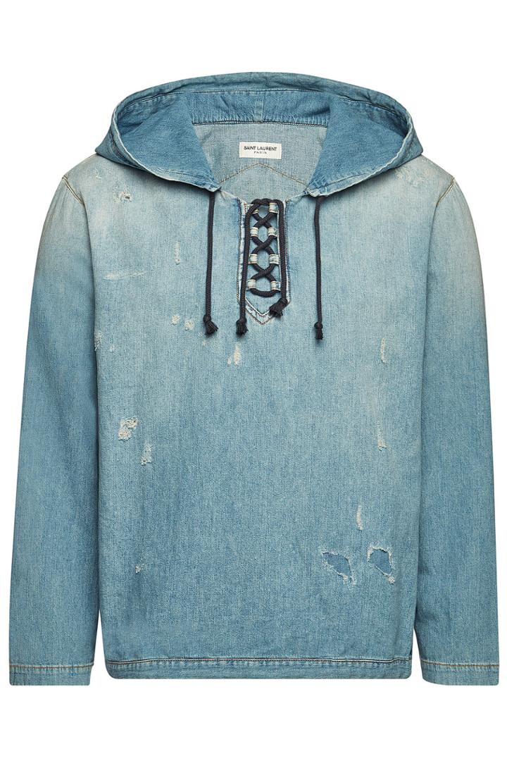 Saint Laurent Saint Laurent Distressed Denim Hoody With Lace-up Detail