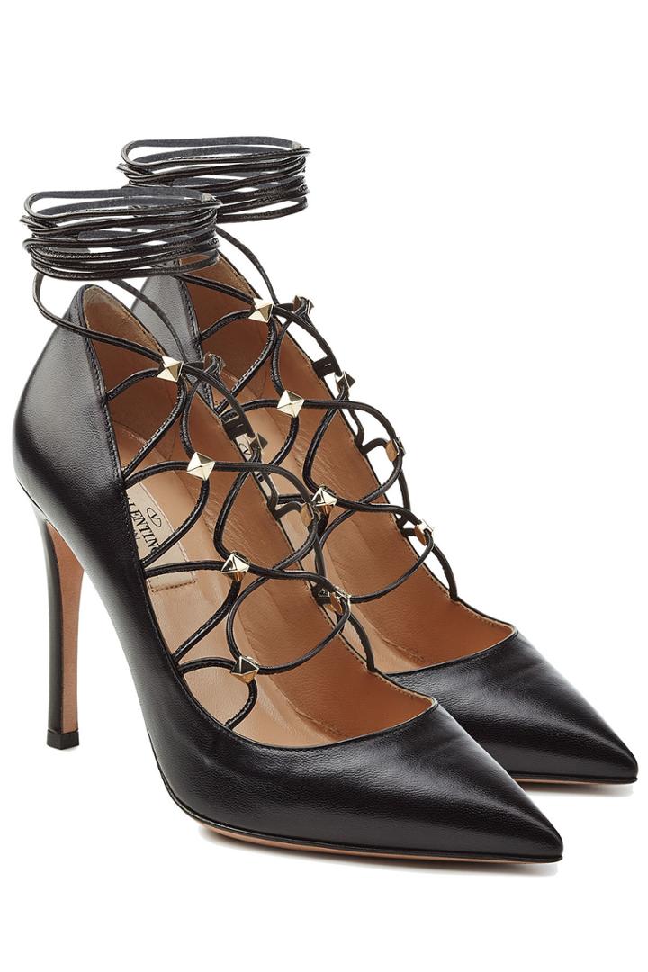 Valentino Valentino Leather Pumps With Embellished Ties At Ankle